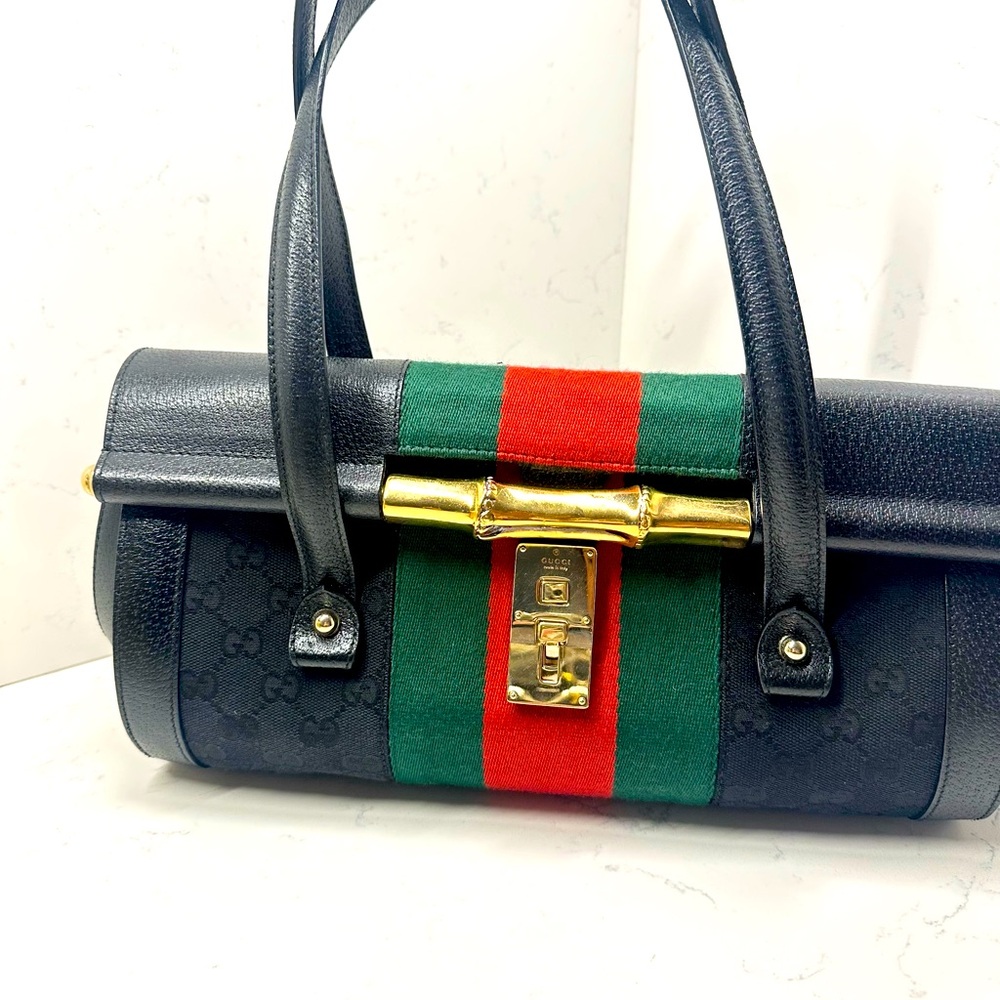 Authentic GUCCI Calfskin Web Bamboo Bullet Satchel